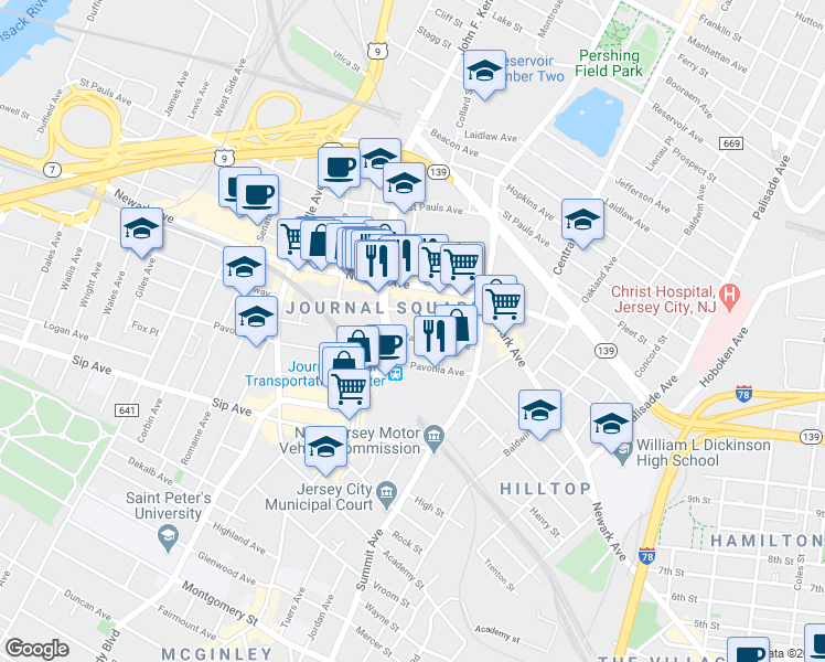 map of restaurants, bars, coffee shops, grocery stores, and more near in Jersey City