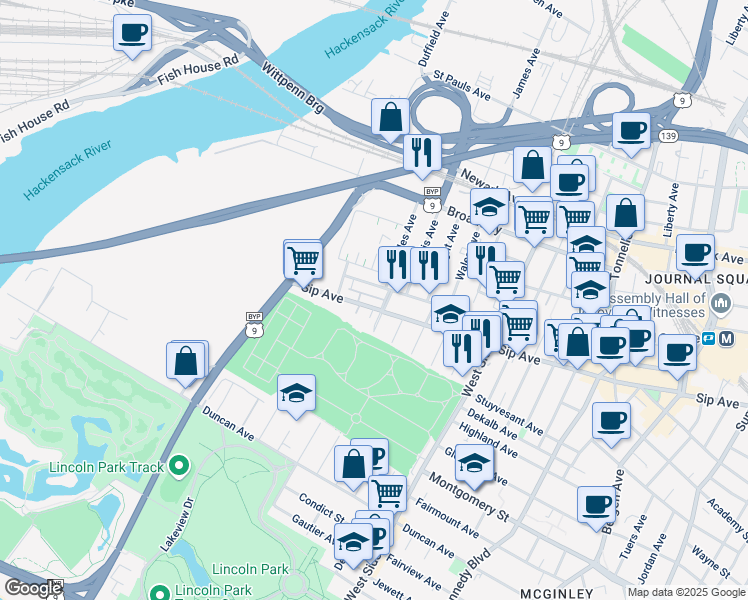 map of restaurants, bars, coffee shops, grocery stores, and more near 111 Logan Avenue in Jersey City
