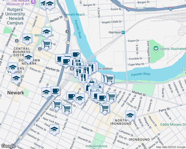 map of restaurants, bars, coffee shops, grocery stores, and more near 969 Raymond Boulevard in Newark
