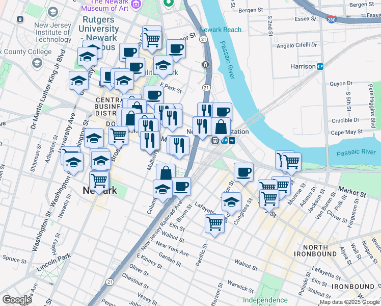 map of restaurants, bars, coffee shops, grocery stores, and more near 12-6 Edison Place in Newark