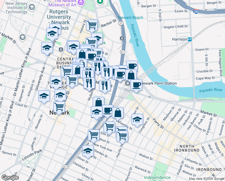 map of restaurants, bars, coffee shops, grocery stores, and more near 12-6 Edison Place in Newark