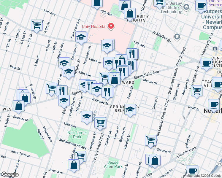 map of restaurants, bars, coffee shops, grocery stores, and more near 17 Livingston Street in Newark