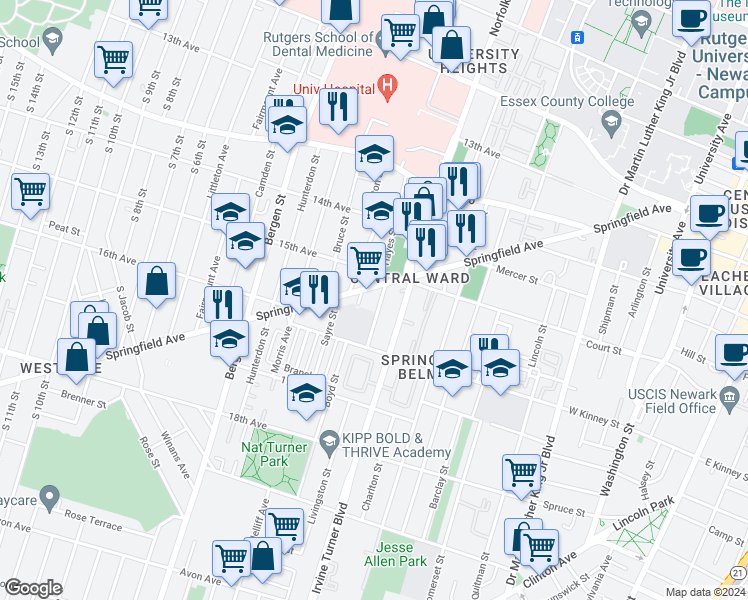 map of restaurants, bars, coffee shops, grocery stores, and more near 17 Livingston Street in Newark