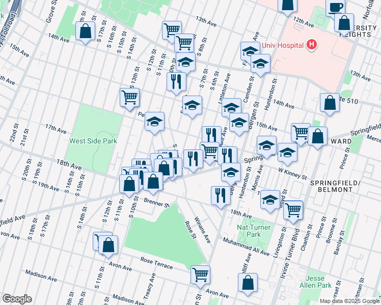 map of restaurants, bars, coffee shops, grocery stores, and more near 394 South 6th Street in Newark