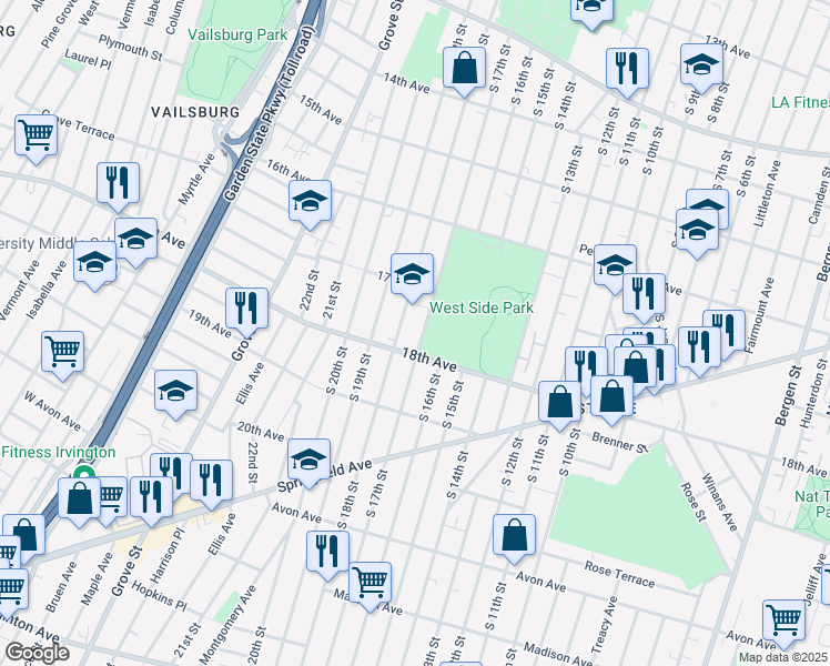 map of restaurants, bars, coffee shops, grocery stores, and more near 649 South 18th Street in Newark