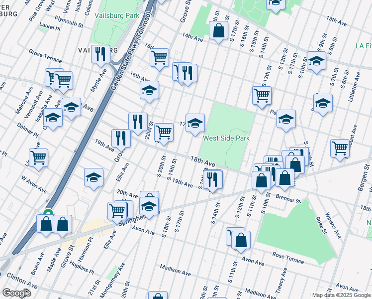 map of restaurants, bars, coffee shops, grocery stores, and more near 649 South 18th Street in Newark