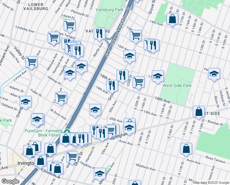 map of restaurants, bars, coffee shops, grocery stores, and more near 697 Grove Street in Irvington