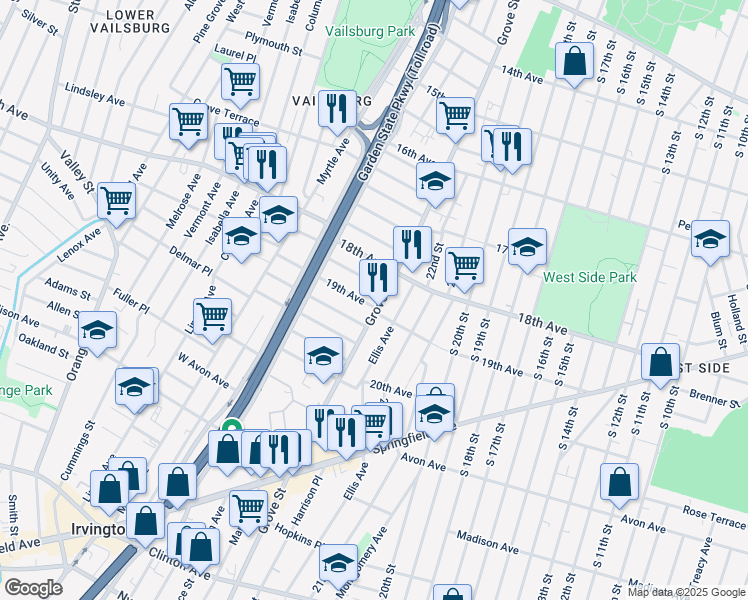 map of restaurants, bars, coffee shops, grocery stores, and more near 697 Grove Street in Irvington