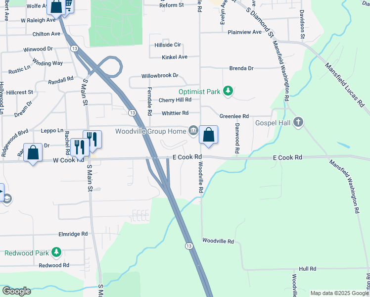 map of restaurants, bars, coffee shops, grocery stores, and more near 860 Woodville Road in Mansfield