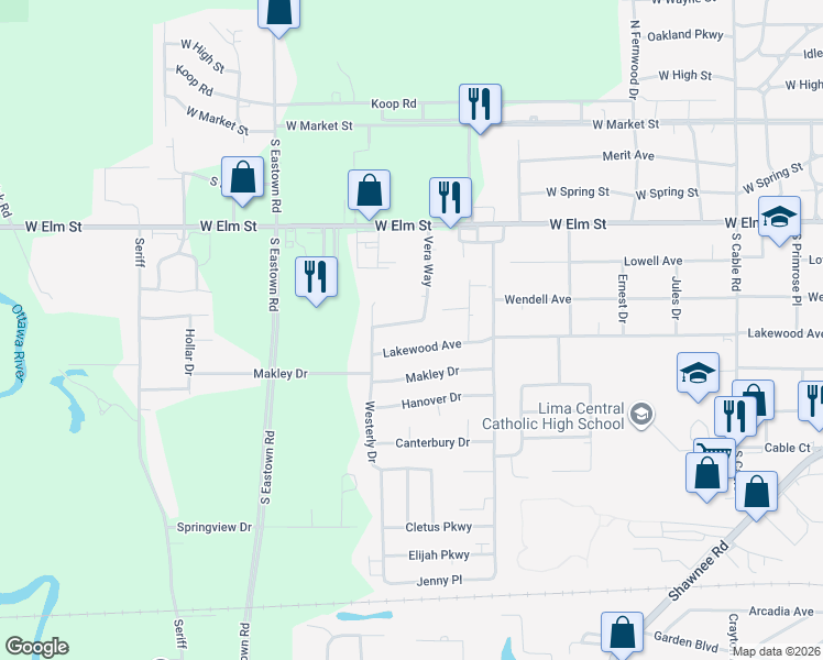 map of restaurants, bars, coffee shops, grocery stores, and more near 2983 Vera Way in Lima