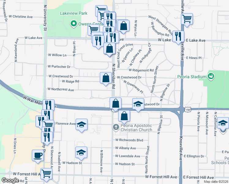 map of restaurants, bars, coffee shops, grocery stores, and more near 3813 North Lynnwood Place in Peoria