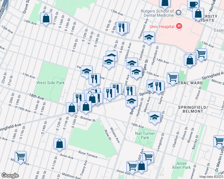 map of restaurants, bars, coffee shops, grocery stores, and more near 394 South 6th Street in Newark