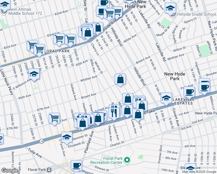 map of restaurants, bars, coffee shops, grocery stores, and more near 120 McKee Street in Floral Park