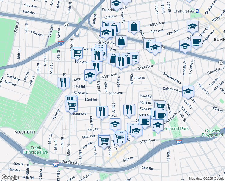 map of restaurants, bars, coffee shops, grocery stores, and more near 70th Street in Queens