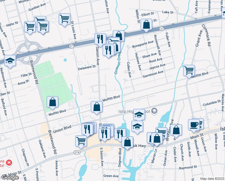 map of restaurants, bars, coffee shops, grocery stores, and more near 29 Buffalo Avenue in Islip