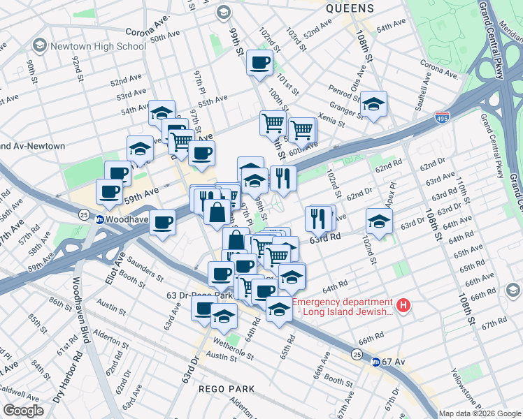 map of restaurants, bars, coffee shops, grocery stores, and more near 61-45 98th Street in Queens