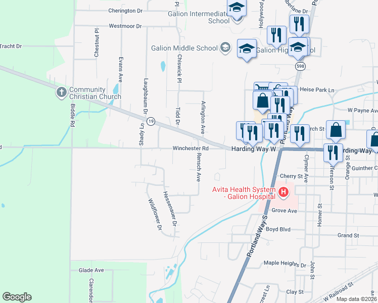 map of restaurants, bars, coffee shops, grocery stores, and more near 990 Winchester Road in Galion