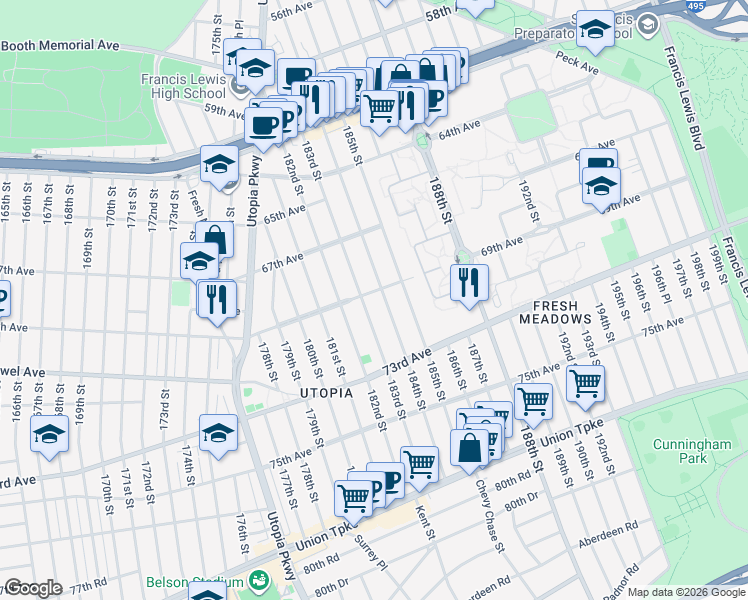map of restaurants, bars, coffee shops, grocery stores, and more near 183-10 69th Avenue in Queens