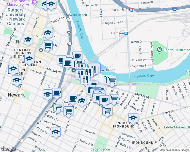 map of restaurants, bars, coffee shops, grocery stores, and more near 969 Raymond Boulevard in Newark