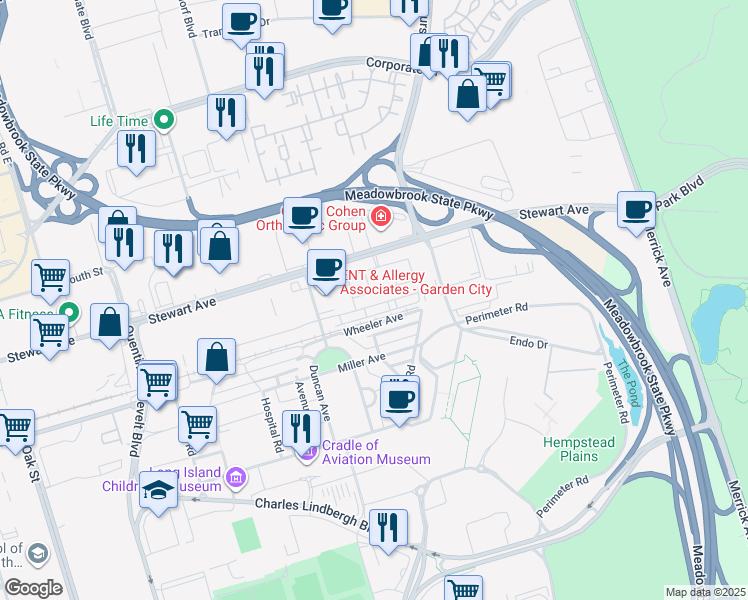 map of restaurants, bars, coffee shops, grocery stores, and more near 315 Ellington Avenue East in Garden City