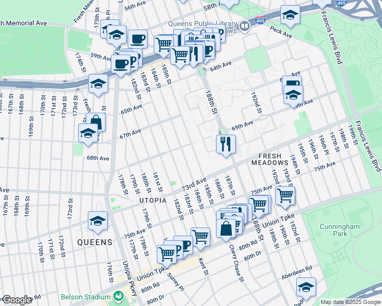 map of restaurants, bars, coffee shops, grocery stores, and more near 69-18 185th Street in Queens