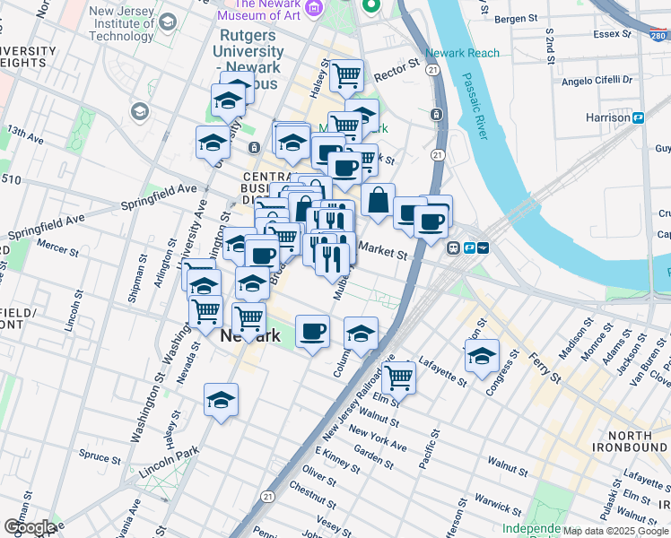 map of restaurants, bars, coffee shops, grocery stores, and more near 64 Edison Place in Newark