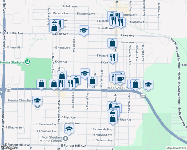 map of restaurants, bars, coffee shops, grocery stores, and more near 3817 North Faber Avenue in Peoria Heights