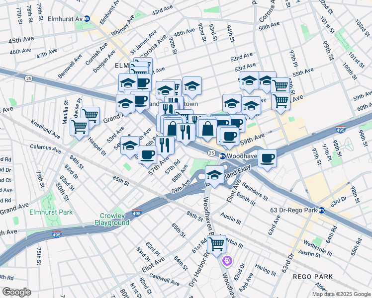 map of restaurants, bars, coffee shops, grocery stores, and more near 8930 Queens Boulevard in Queens