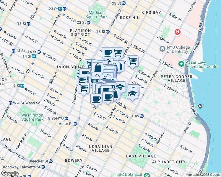map of restaurants, bars, coffee shops, grocery stores, and more near 207 East 15th Street in New York