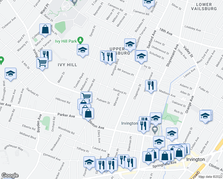map of restaurants, bars, coffee shops, grocery stores, and more near 52 Sanford Place in Newark