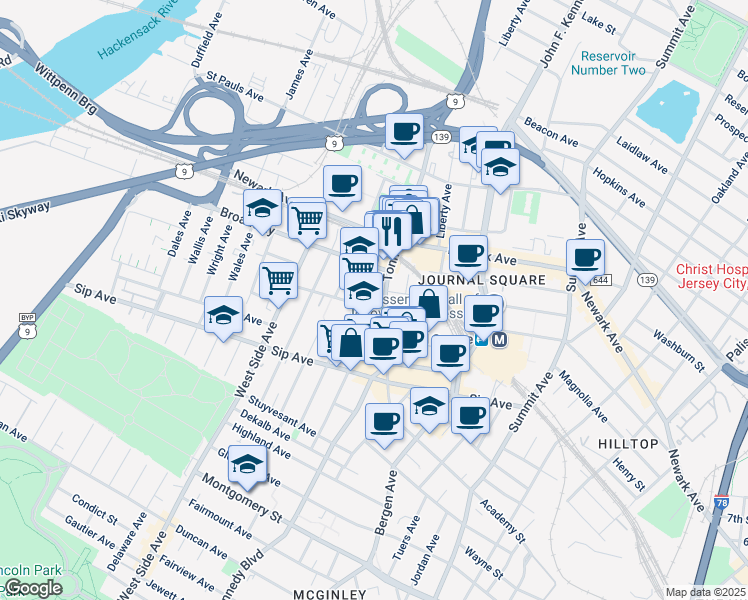 map of restaurants, bars, coffee shops, grocery stores, and more near 149 Garrison Avenue in Jersey City