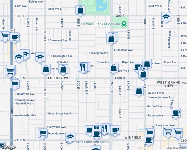 map of restaurants, bars, coffee shops, grocery stores, and more near 1640 South 600 East in Salt Lake City