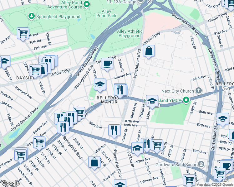 map of restaurants, bars, coffee shops, grocery stores, and more near 82-55 233rd Street in Queens