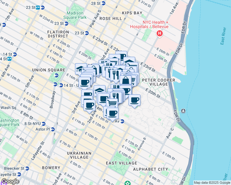 map of restaurants, bars, coffee shops, grocery stores, and more near 320 East 17th Street in New York
