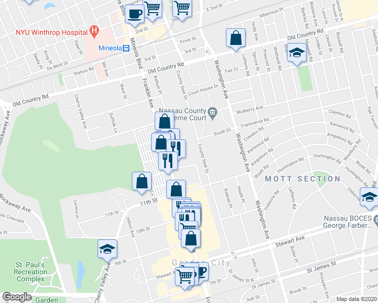 map of restaurants, bars, coffee shops, grocery stores, and more near 1225 Franklin Avenue in Garden City