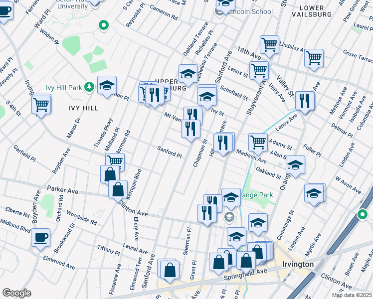 map of restaurants, bars, coffee shops, grocery stores, and more near 829 Sanford Avenue in Newark
