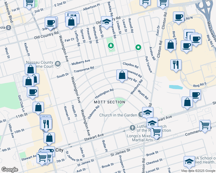 map of restaurants, bars, coffee shops, grocery stores, and more near 46 Wyatt Road in Garden City