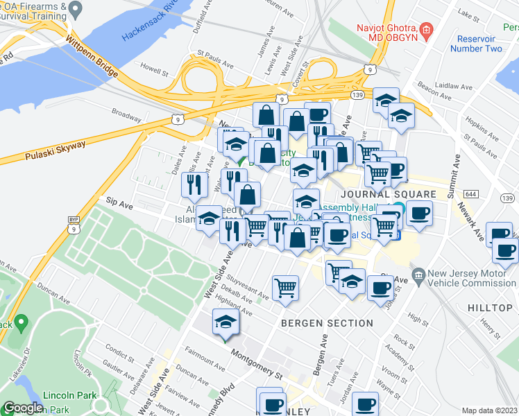 map of restaurants, bars, coffee shops, grocery stores, and more near 1020 West Side Avenue in Jersey City