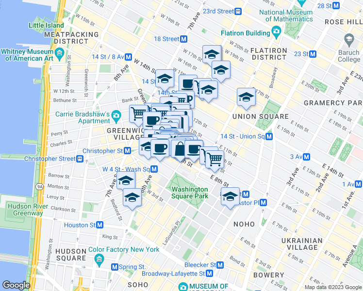 map of restaurants, bars, coffee shops, grocery stores, and more near 55 West 9th Street in New York