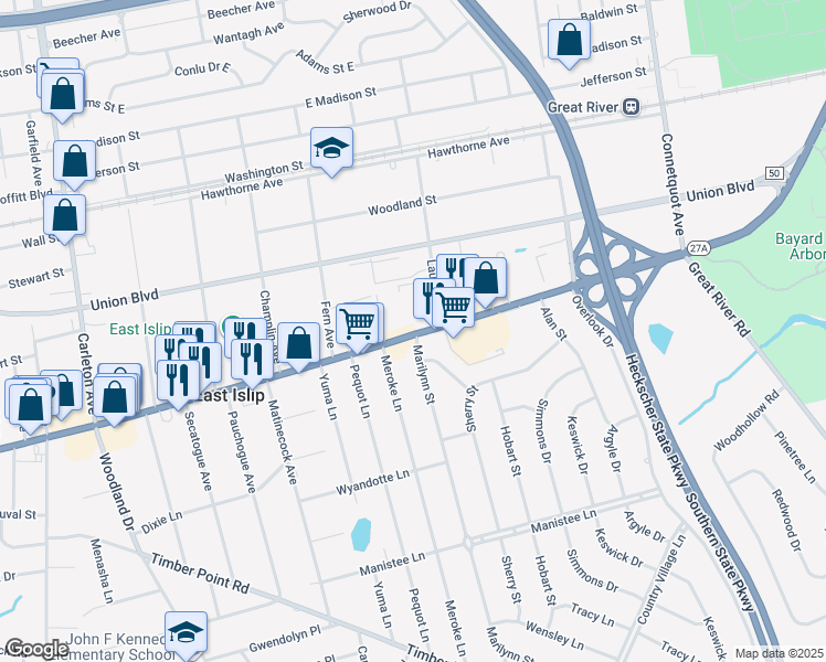 map of restaurants, bars, coffee shops, grocery stores, and more near 245 East Main Street in East Islip