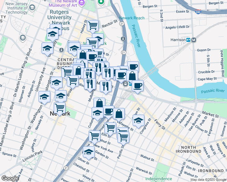 map of restaurants, bars, coffee shops, grocery stores, and more near 777 McCarter Highway in Newark