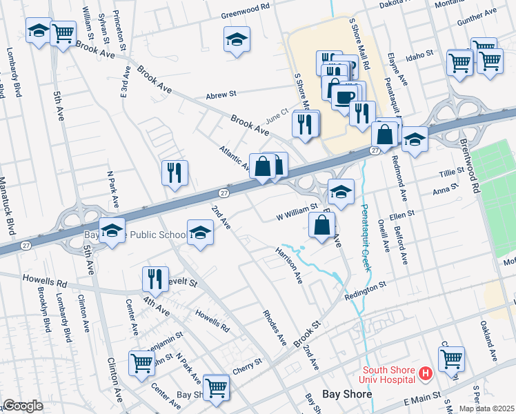 map of restaurants, bars, coffee shops, grocery stores, and more near 10 Ross Avenue in Bay Shore