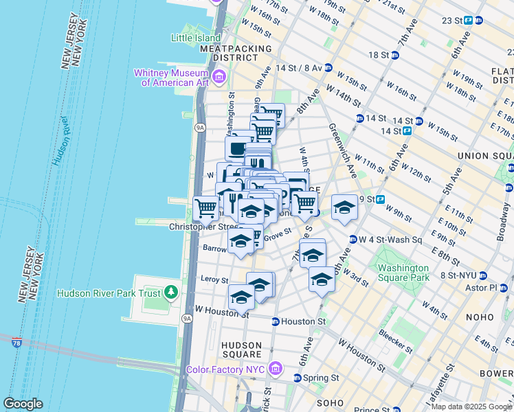 map of restaurants, bars, coffee shops, grocery stores, and more near 521 Hudson Street in New York