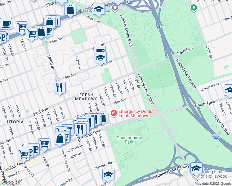 map of restaurants, bars, coffee shops, grocery stores, and more near 73-43 196th Street in Queens