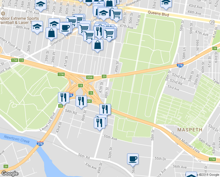 map of restaurants, bars, coffee shops, grocery stores, and more near 51-41 48th Street in Queens