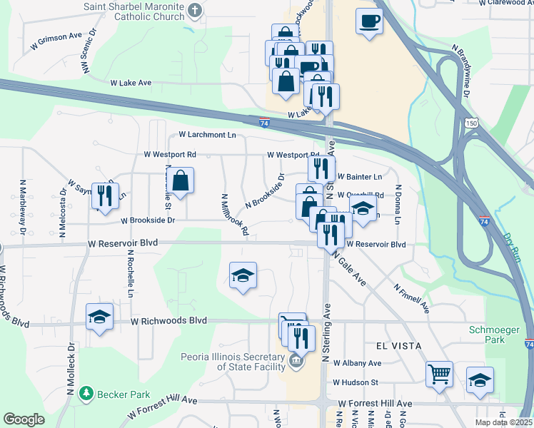 map of restaurants, bars, coffee shops, grocery stores, and more near 2731 West Millbrook Court in Peoria