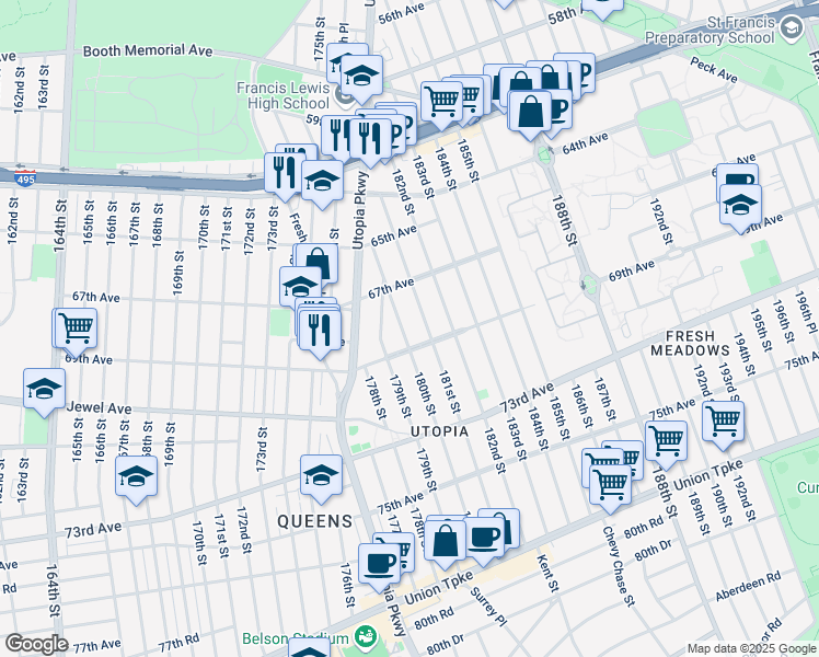 map of restaurants, bars, coffee shops, grocery stores, and more near 67-45 180th Street in Queens