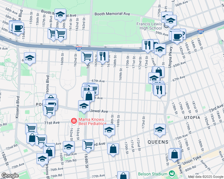map of restaurants, bars, coffee shops, grocery stores, and more near 67-28 168th Street in Queens