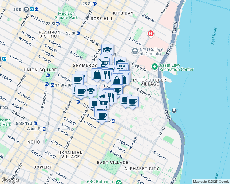 map of restaurants, bars, coffee shops, grocery stores, and more near 350 East 18th Street in New York