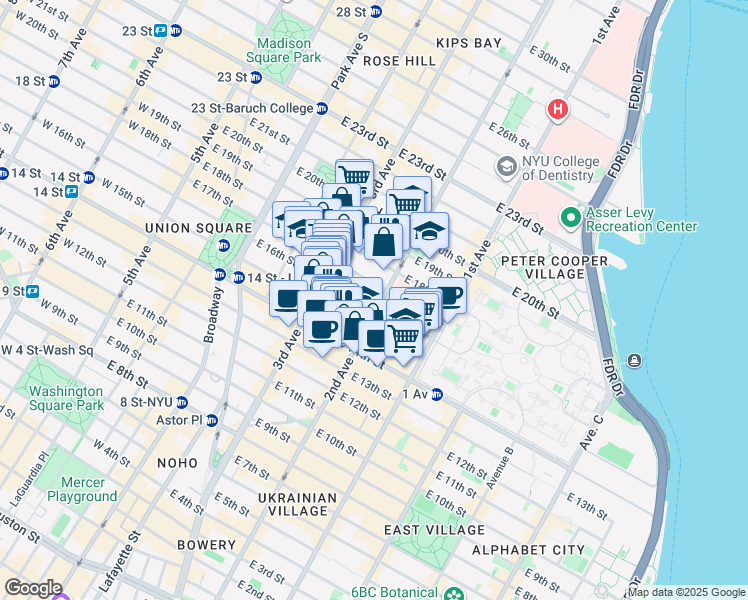 map of restaurants, bars, coffee shops, grocery stores, and more near Rutherford Place in New York